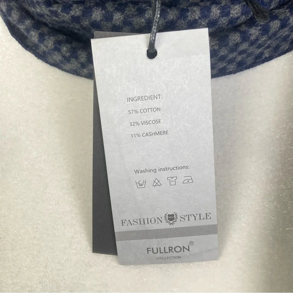 FULLRON Scarf Soft Warm Cashmere Blend Scarves Mens Classic Blue Checkered NWT